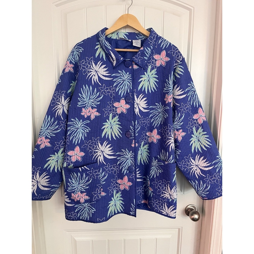 Blair‎ Quilted Jacket Lightweight Blue Tropical Print Women's Size 3XL #321
